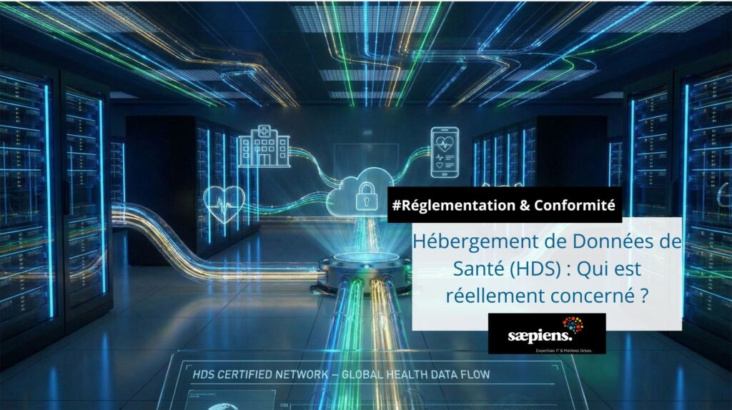 Infrastructure de data center certifiée HDS montrant des flux de données de santé sécurisés entre hôpitaux et cloud souverain.
