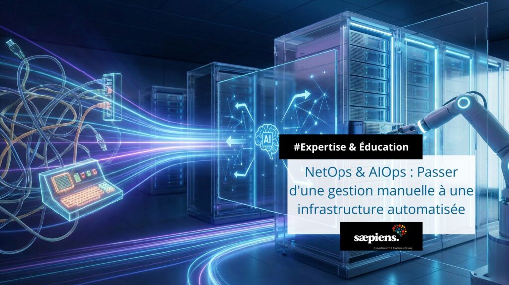 Illustration de la transition NetOps : passage d'un réseau manuel complexe à une infrastructure automatisée par IA (AIOps) dans un data center.