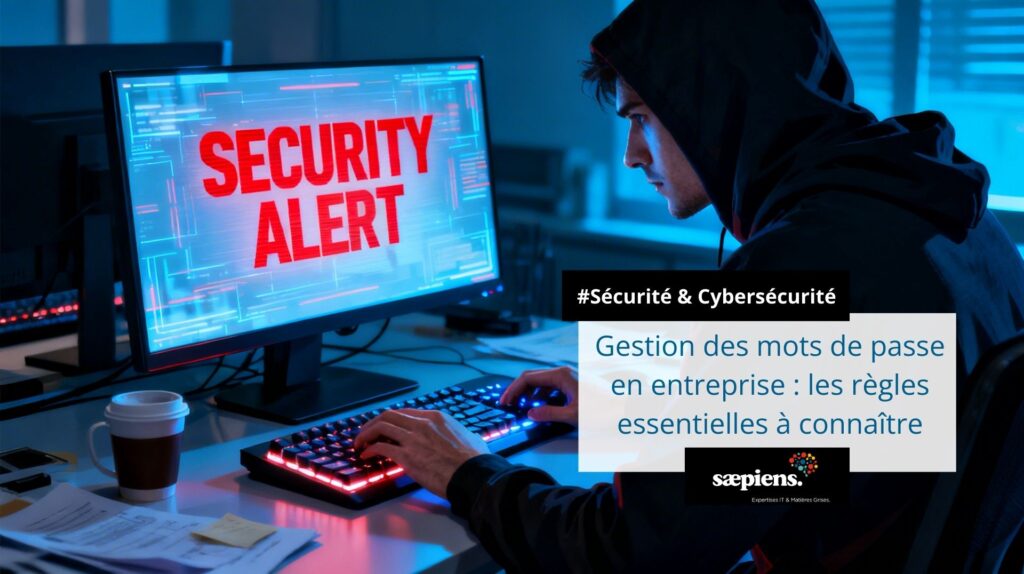 Un utilisateur face à une alerte de sécurité critique sur son écran, illustrant les risques de cyberattaques et l'importance d'une gestion sécurisée des mots de passe en entreprise