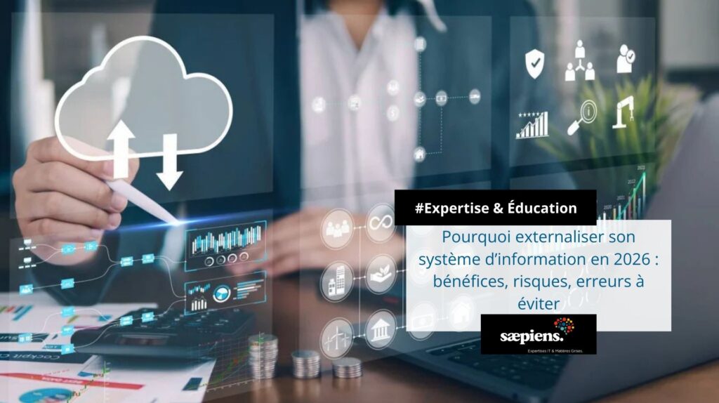 Professionnelle travaillant sur ordinateur portable avec interface cloud, tableaux de bord analytiques et graphiques financiers. Image illustrant l’externalisation du système d’information, le cloud computing et la transformation digitale en entreprise.