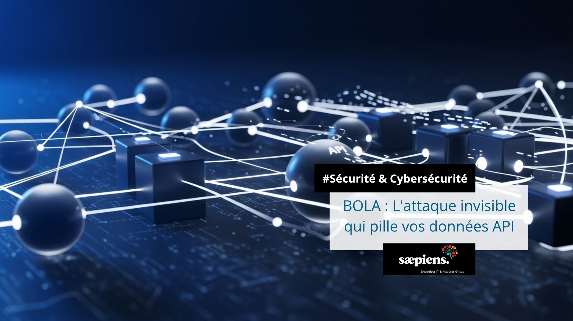 Représentation schématique d'une architecture API sécurisée avec flux de données et nœuds de réseaux numériques interconnectés, illustrant la protection contre les vulnérabilités BOLA.