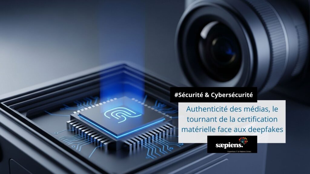 Représentation conceptuelle d'un capteur photo doté d'une puce cryptographique signant numériquement les images à la source pour garantir leur authenticité face aux deepfakes.