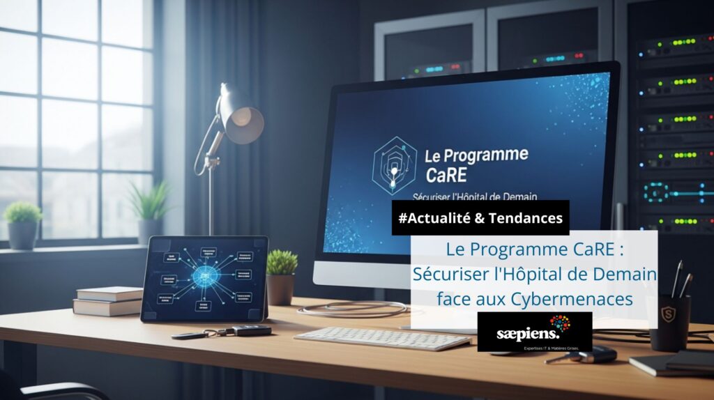 Écran d'ordinateur de bureau affichant le Programme CaRE pour sécuriser l'hôpital face aux cybermenaces, dans un environnement informatique de serveurs d'hébergement.