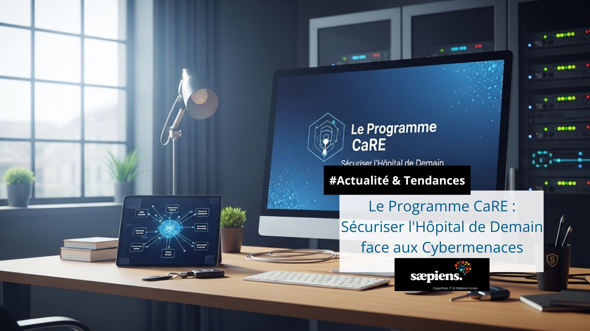 Écran d'ordinateur de bureau affichant le Programme CaRE pour sécuriser l'hôpital face aux cybermenaces, dans un environnement informatique de serveurs d'hébergement.
