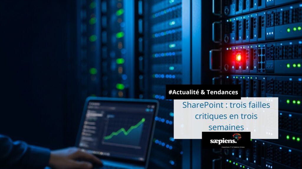 Voyant d'alerte rouge sur un serveur en salle de données, signalant une faille critique détectée parmi les équipements en fonctionnement - illustration de l'article Sæpiens sur les vulnérabilités critiques SharePoint Server