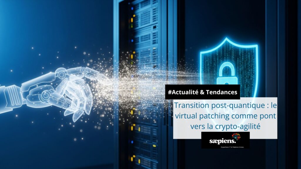 Cette image illustre la sécurisation des serveurs informatiques grâce au virtual patching. Le flux lumineux projeté vers la baie informatique symbolise l'application rapide de ces correctifs virtuels, tandis que le bouclier bleu marqué du cadenas et de l'acronyme "PQC" représente la transition vers la cryptographie post-quantique et la crypto-agilité.