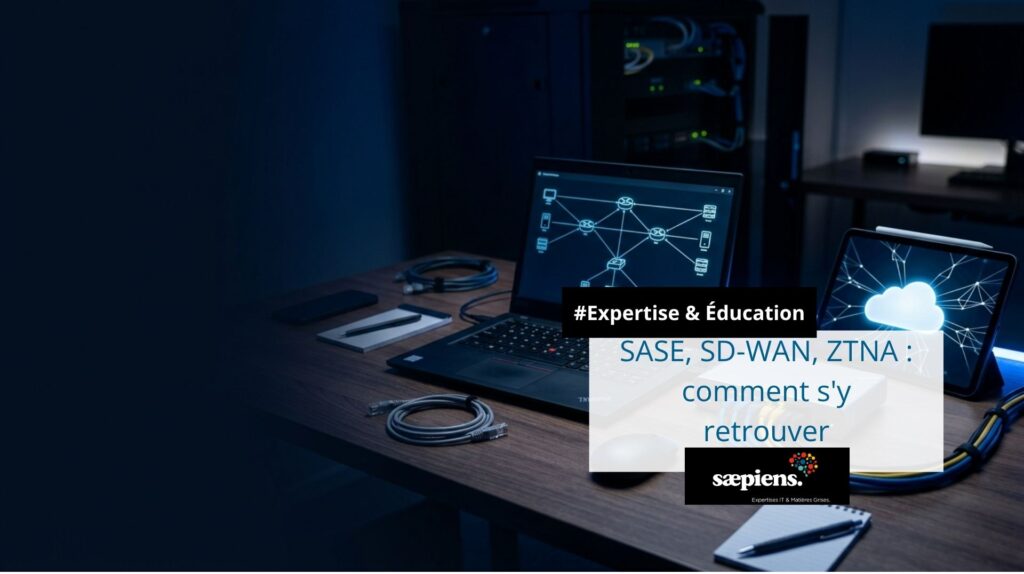 Poste de travail d'un ingénieur réseau avec schéma de topologie sur écran et switch physique connecté, illustrant l'architecture réseau SASE, SD-WAN et ZTNA - article Sæpiens