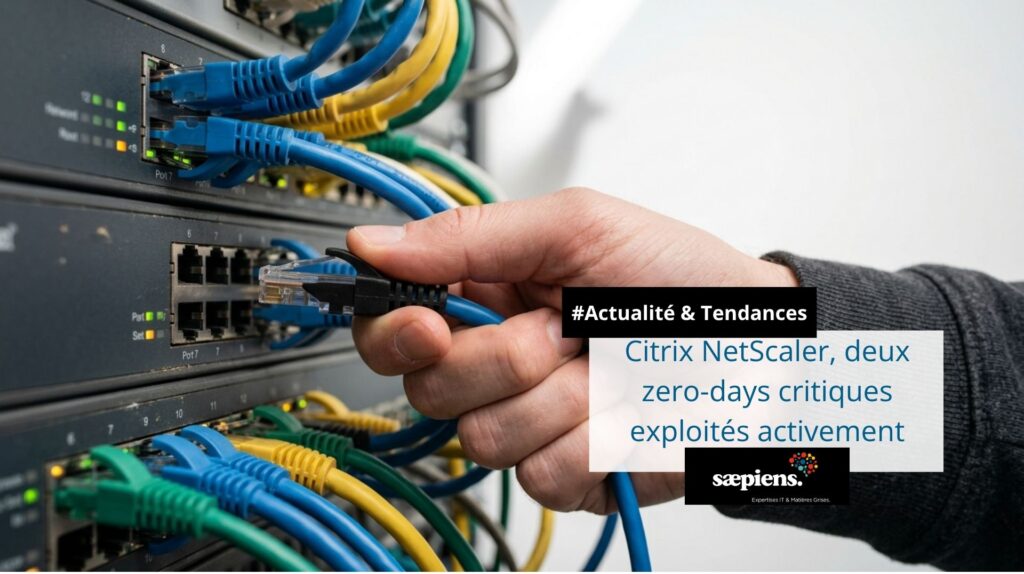 Main branchant un câble réseau sur un switch, illustrant la gestion urgente des équipements réseau Citrix NetScaler suite aux deux zero-days CVE-2026-88771 et CVE-2026-88772