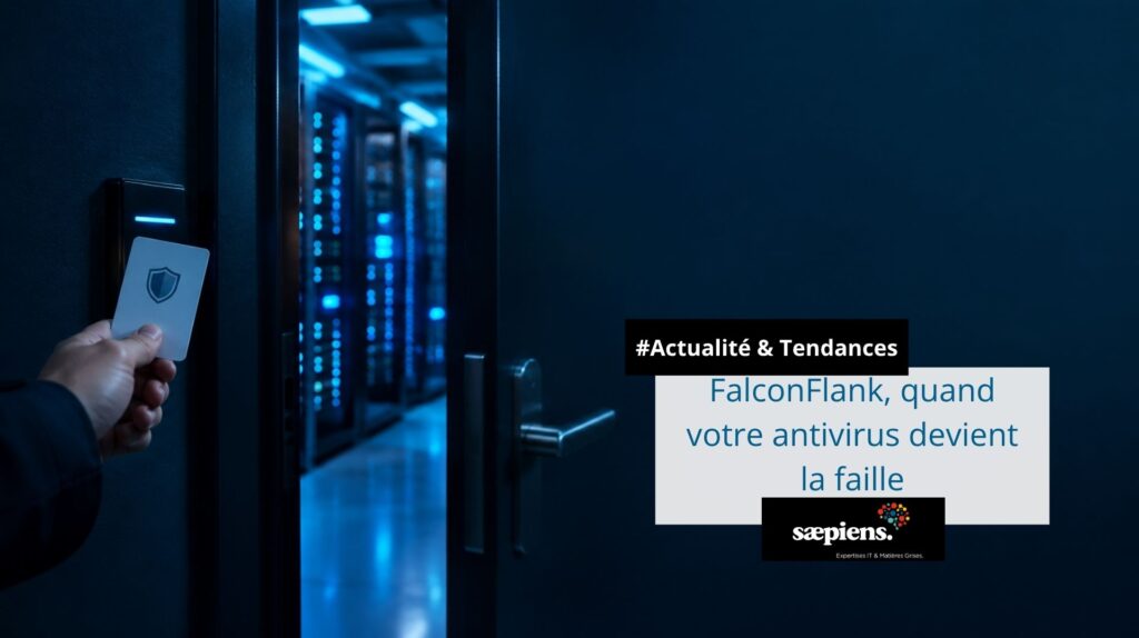 Badge d’accès devant une salle serveur entrouverte, illustrant la vulnérabilité FalconFlank de CrowdStrike Falcon et le risque d’escalade de privilèges.