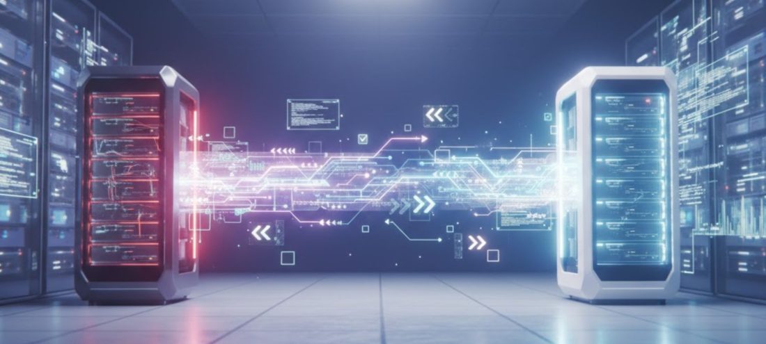 Salle de serveurs modernes connectés par des flux de données numériques symbolisant la migration d’applications et le transfert de données cloud. Illustration technologique représentant les erreurs à éviter lors d’une migration vers le cloud ou un nouveau serveur : sécurité, compatibilité, performance, sauvegarde et planification. Image optimisée pour un article sur la transformation numérique et la gestion d’infrastructure IT.