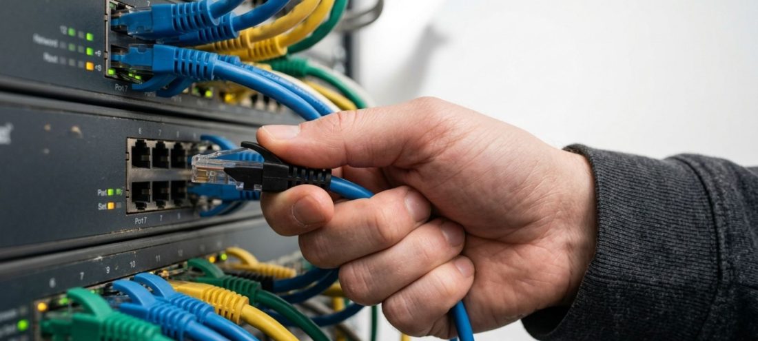 Main branchant un câble réseau sur un switch, illustrant la gestion urgente des équipements réseau Citrix NetScaler suite aux deux zero-days CVE-2026-88771 et CVE-2026-88772