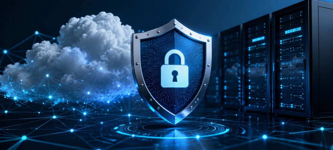 Illustration représentant le Cyber Resilience Act (CRA) de l'Union européenne, avec un bouclier de cybersécurité protégeant un environnement cloud, des serveurs et un réseau numérique. Cette image symbolise la sécurité des produits connectés, la conformité réglementaire et la protection contre les cybermenaces.