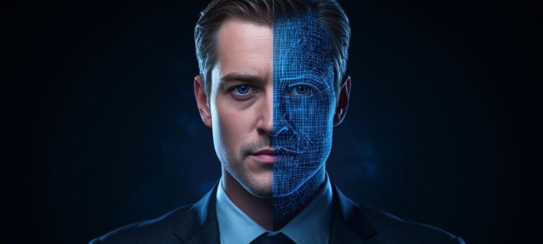 Deepfake en entreprise : visage d'homme en costume coupé en deux, une moitié humaine et réaliste, l'autre révèle une structure numérique bleue symbolisant une identité clonée par intelligence artificielle.