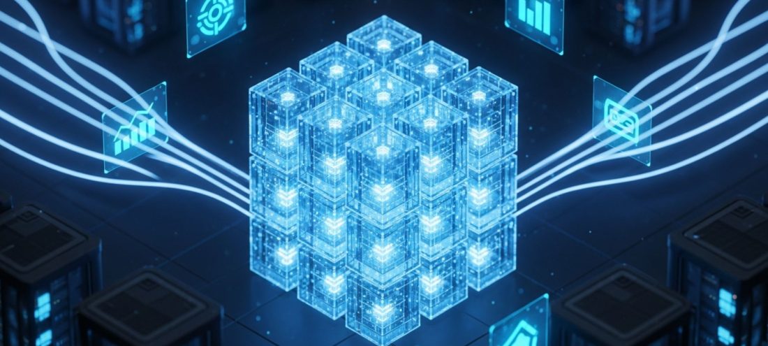 Cette image représente l'architecture cible d'un éditeur de logiciel (ISV) moderne. Au centre, un cube modulaire lumineux composé de blocs technologiques interconnectés symbolise l'orchestration de conteneurs Kubernetes et la scalabilité des solutions SaaS. Les flux lumineux illustrent la connectivité haute performance et la maîtrise des données. En arrière-plan, les baies de serveurs suggèrent un centre de données sécurisé, garantissant la conformité réglementaire (RGPD, NIS2) indispensable à une infrastructure critique.