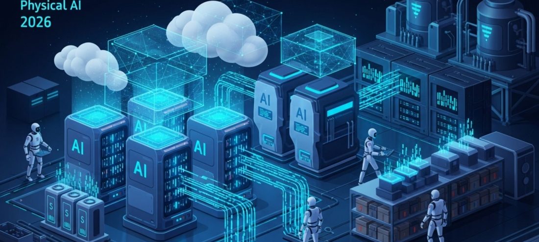 Illustration futuriste d’infrastructures IT en 2026 montrant des serveurs d’intelligence artificielle, un cloud connecté et des robots industriels illustrant le Cloud 3.0, l’IA physique et les nouvelles infrastructures énergétiques des datacenters.