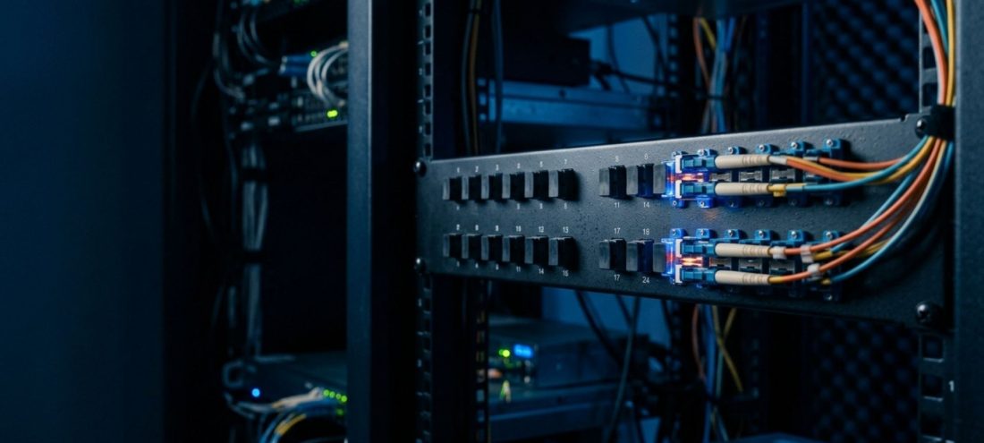 Panneau de brassage fibre optique en salle serveurs avec connecteurs LC actifs, illustrant les différences entre FTTH, FTTO et FTTE pour les entreprises