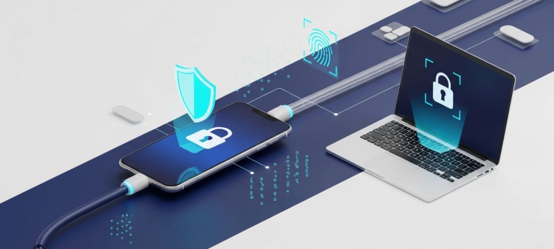 Illustration 3D d'une infrastructure réseau sécurisée Sæpiens avec un smartphone et un ordinateur portable connectés par un câble réseau optique, symbolisant les solutions FTTO, SASE, MDM et le modèle Zero Trust.
