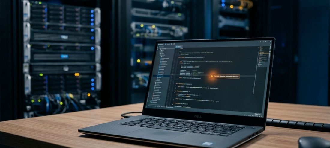 Ordinateur affichant du code avec une alerte de sécurité, devant des serveurs, illustrant les failles PHP et la protection des sites web.