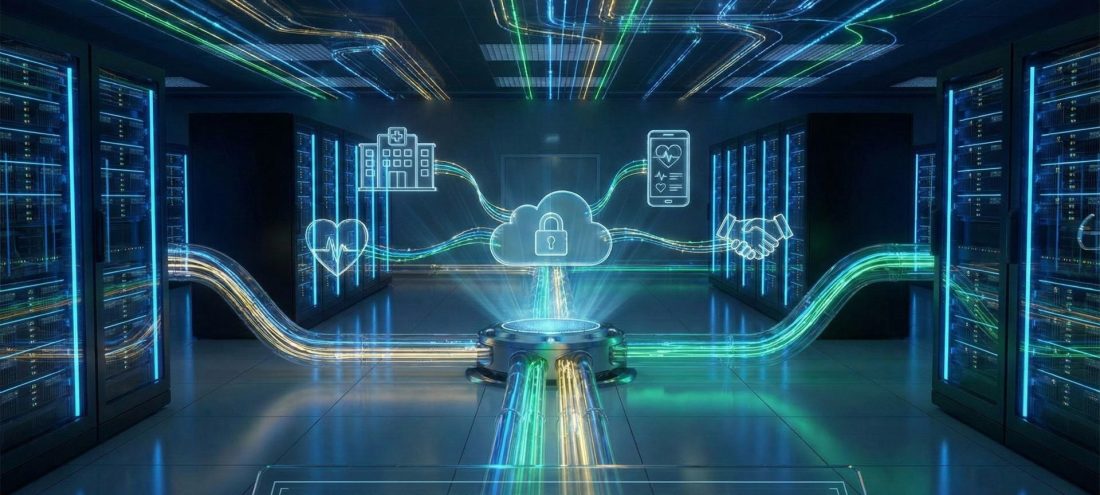 Infrastructure de data center certifiée HDS montrant des flux de données de santé sécurisés entre hôpitaux et cloud souverain.