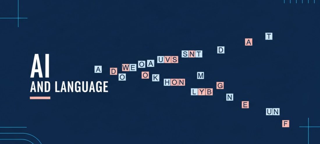 Illustration conceptuelle du fonctionnement d'un LLM et de l'IA générative avec un flux de données découpant des phrases en blocs de tokens, sur fond bleu marine et gris ardoise.