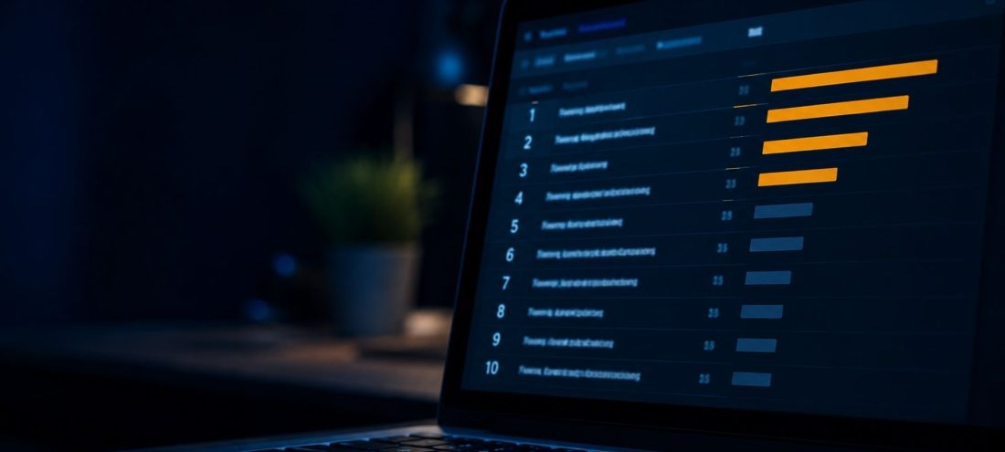 Tableau de bord affichant un classement numéroté de 1 à 10 avec des barres de priorité, illustrant le classement OWASP Top 10 des risques de sécurité applicative les plus critiques