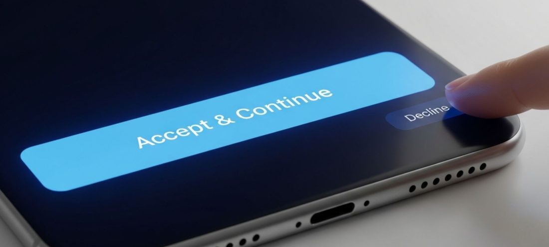 Gros plan sur un écran de smartphone affichant une interface utilisateur manipulatrice (dark pattern) : le bouton 'Accept & Continue' est mis en avant au détriment du bouton 'Decline' volontairement rendu discret