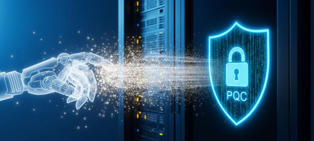 Cette image illustre la sécurisation des serveurs informatiques grâce au virtual patching. Le flux lumineux projeté vers la baie informatique symbolise l'application rapide de ces correctifs virtuels, tandis que le bouclier bleu marqué du cadenas et de l'acronyme "PQC" représente la transition vers la cryptographie post-quantique et la crypto-agilité.