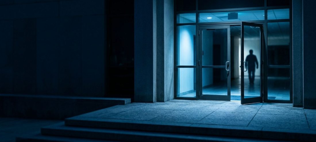 Porte d'un bâtiment officiel entrouverte de nuit, évoquant une intrusion silencieuse dans les systèmes de l'État après les cyberattaques DGFiP et Éducation nationale