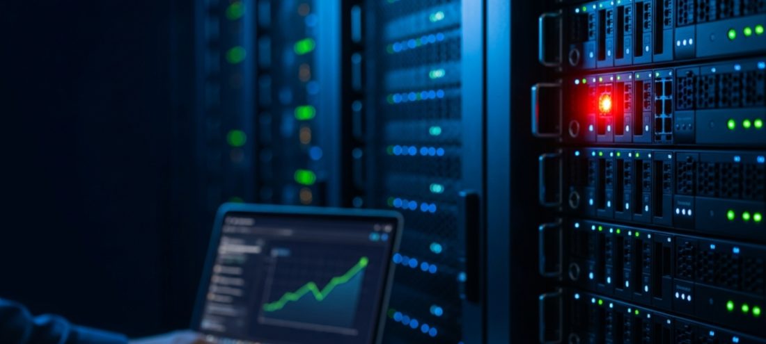 Voyant d'alerte rouge sur un serveur en salle de données, signalant une faille critique détectée parmi les équipements en fonctionnement - illustration de l'article Sæpiens sur les vulnérabilités critiques SharePoint Server