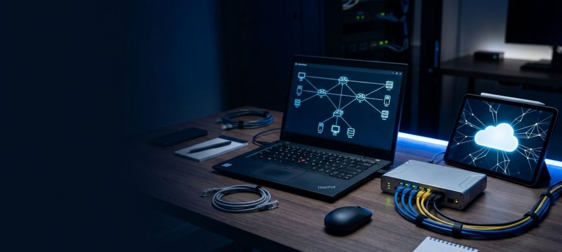 Poste de travail d'un ingénieur réseau avec schéma de topologie sur écran et switch physique connecté, illustrant l'architecture réseau SASE, SD-WAN et ZTNA - article Sæpiens