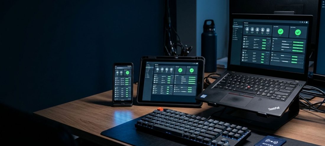 Poste administrateur IT avec plusieurs appareils supervisés depuis un tableau de bord centralisé, illustrant la gestion Microsoft 365, Intune et Active Directory pour les entreprises