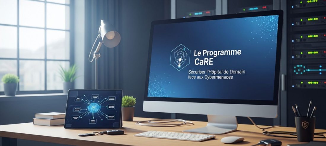 Écran d'ordinateur de bureau affichant le Programme CaRE pour sécuriser l'hôpital face aux cybermenaces, dans un environnement informatique de serveurs d'hébergement.