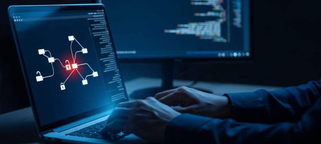 Expert en cybersécurité réalisant un test d'intrusion (pentest) sur un ordinateur portable, avec un schéma de topologie réseau affichant un point de vulnérabilité détecté en rouge - illustration de l'article Sæpiens sur le choix entre pentest boîte noire, grise et blanche