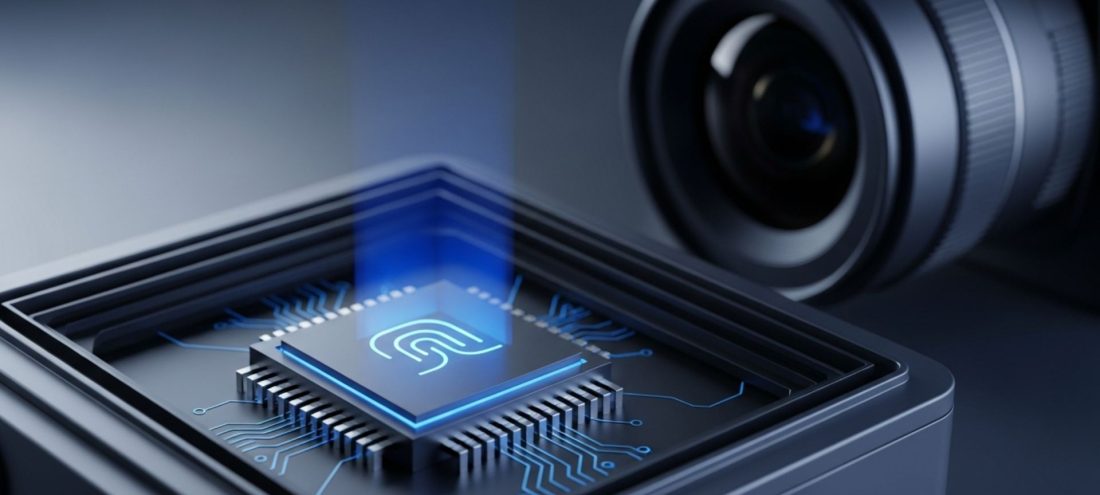 Représentation conceptuelle d'un capteur photo doté d'une puce cryptographique signant numériquement les images à la source pour garantir leur authenticité face aux deepfakes.