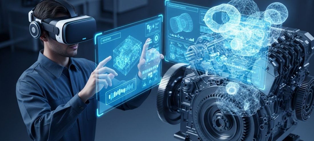 Technicien industriel portant un casque de réalité étendue (XR) manipulant le jumeau numérique holographique d'un moteur complexe, illustrant le spatial computing appliqué à la maintenance industrielle.